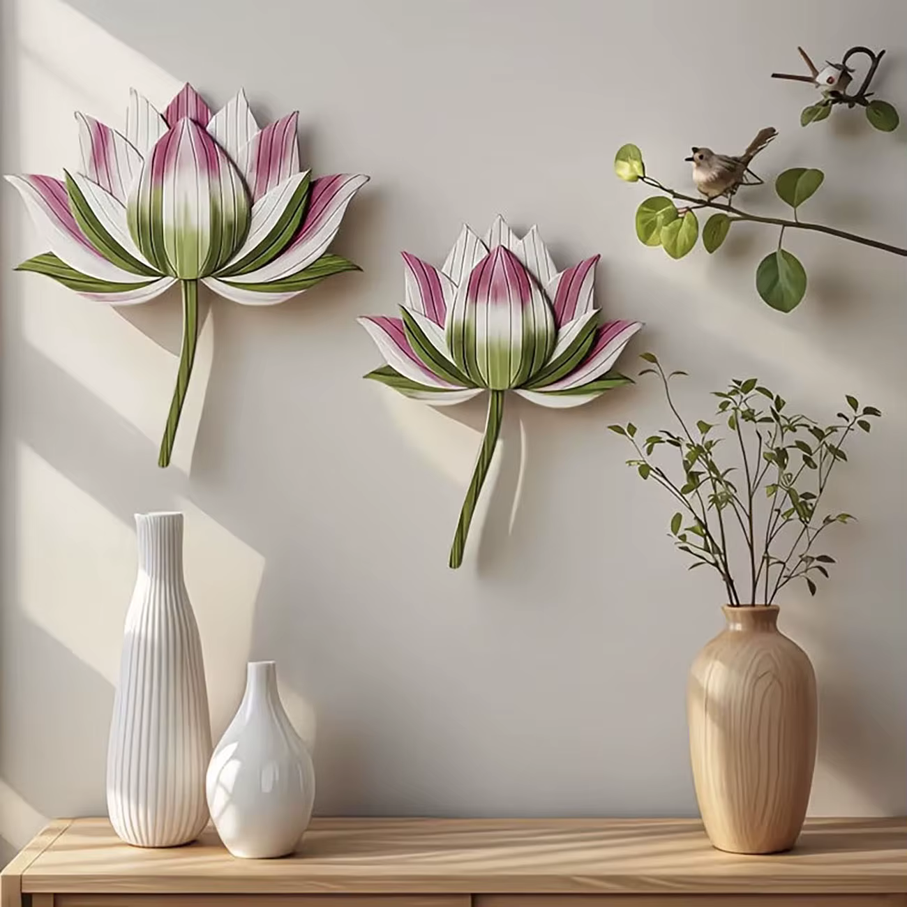 2 pièces Décoration murale en bois de fleur de lotus naturelle