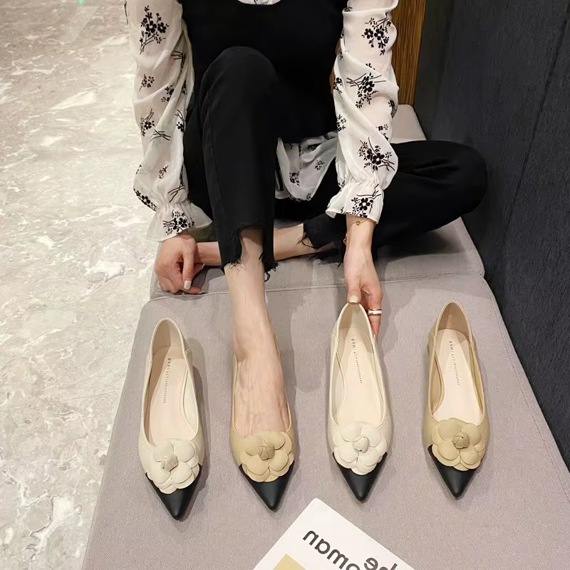 FHC-Chaussures de Travail en Cuir Souple à Talons Bas et Fleurs pour Femme, à Enfiler, peu Profondes, à Bout Jolie tu, Taille 35-40,Beige, Incent, Livraison Directe, Nouvelle Collection