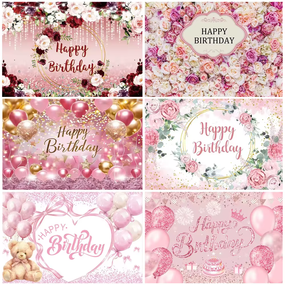 Fleur et ballons roses joyeux anniversaire, décorations de fête d'anniversaire pour fille, fournitures d'anniversaire, affiche, bannière, cadeaux pour filles