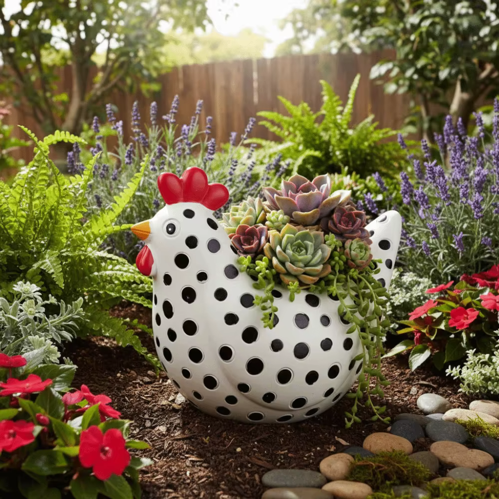 Pot de fleurs en résine en forme de poulet à pois
