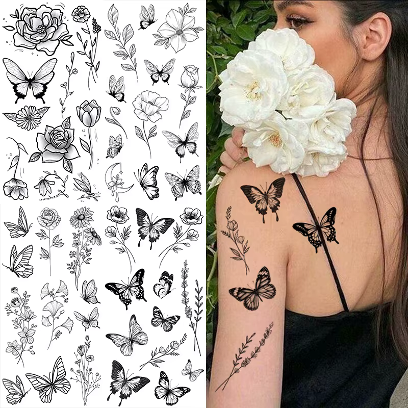 Autocollant de faux tatouage noir à grande fleur pour femmes