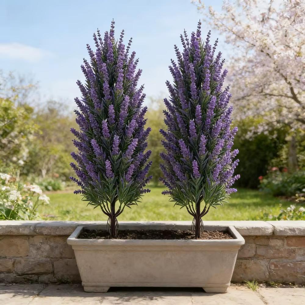 2 arbres artificiels de lavande violette pour extérieur avec piquets de fixation pour toiles de fond de mariage