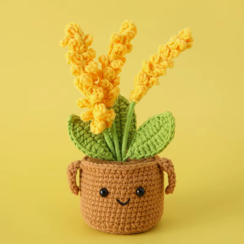 Fleurs au Crochet de blé avec plante tricotée en pot