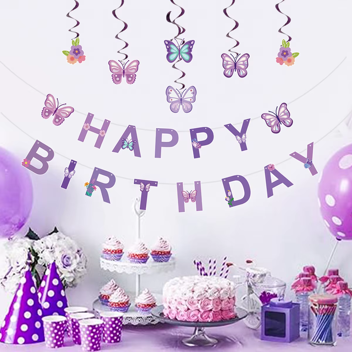 Bannière rose Joyeux Anniversaire avec guirlandes suspendues en forme de papillons dansants, décorations de fête pour le 1er anniversaire de princesse