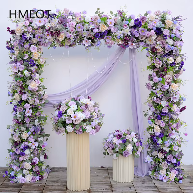 H865324 violet Rose verdure fleur rangée canapé coureur mariage toile de fond arc carré Arrangement Floral fête d'anniversaire Photo accessoires