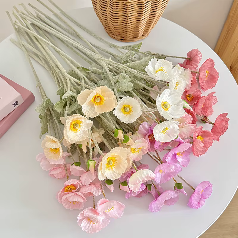 Fleur artificielle pavot floqué de 60 cm pour centre de table