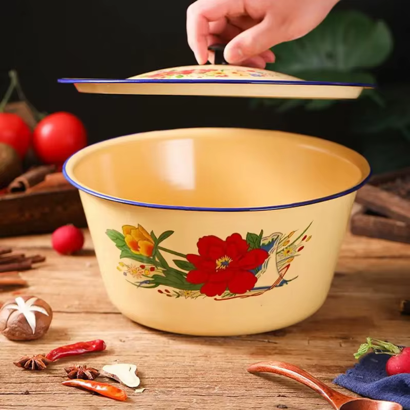 Pot de stockage des aliments, bassin en émail, récipients à gâteaux en émail Vintage classiques, bol avec couvercle, bol de service de soupe asiatique, Pot de saindoux jaune