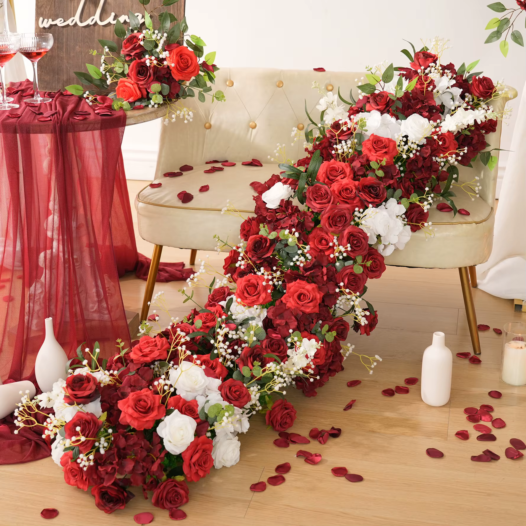 A7673 bordeaux Rose blanc bébé souffle verdure arc de mariage Arrangement Floral chemin de Table rideau décor fleur accessoires de fête