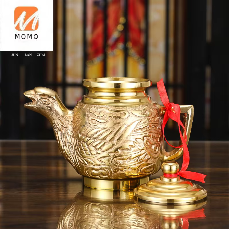 Longfeng-Théière en cuivre pur, pot à vin, ménage, culte de bouddha, consacrer le dieu de la richesse, fournitures de bouddha