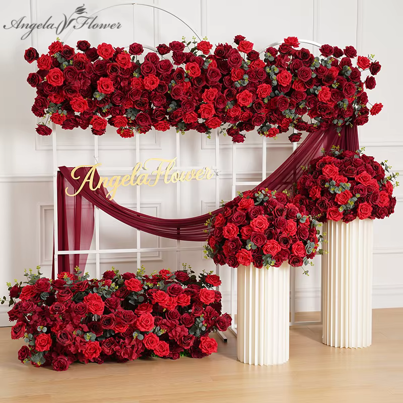 A8114 bordeaux rouge Rose vert feuille d'eucalyptus arc de mariage arrangement de rangée florale centre de Table