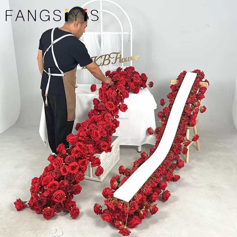 2m rose rouge plantes vertes artificielles fleur rangée coureur mariage toile de fond centre