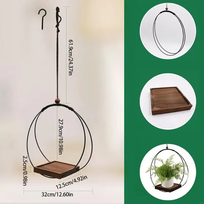 Jardinière suspendue noire avec base en bois