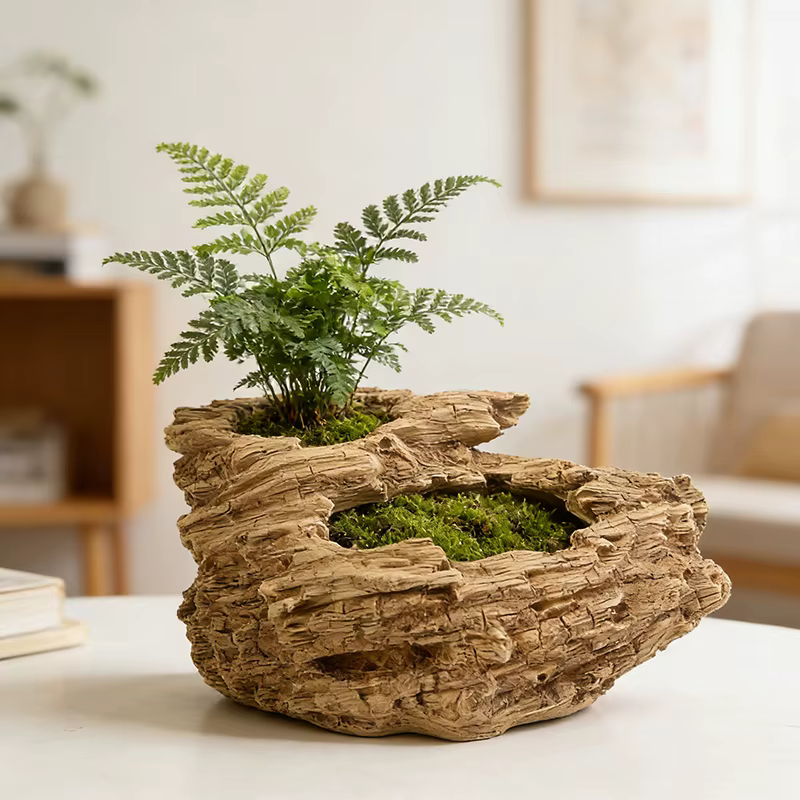 Pot de fleurs en résine imitation bois flotté avec deux trous