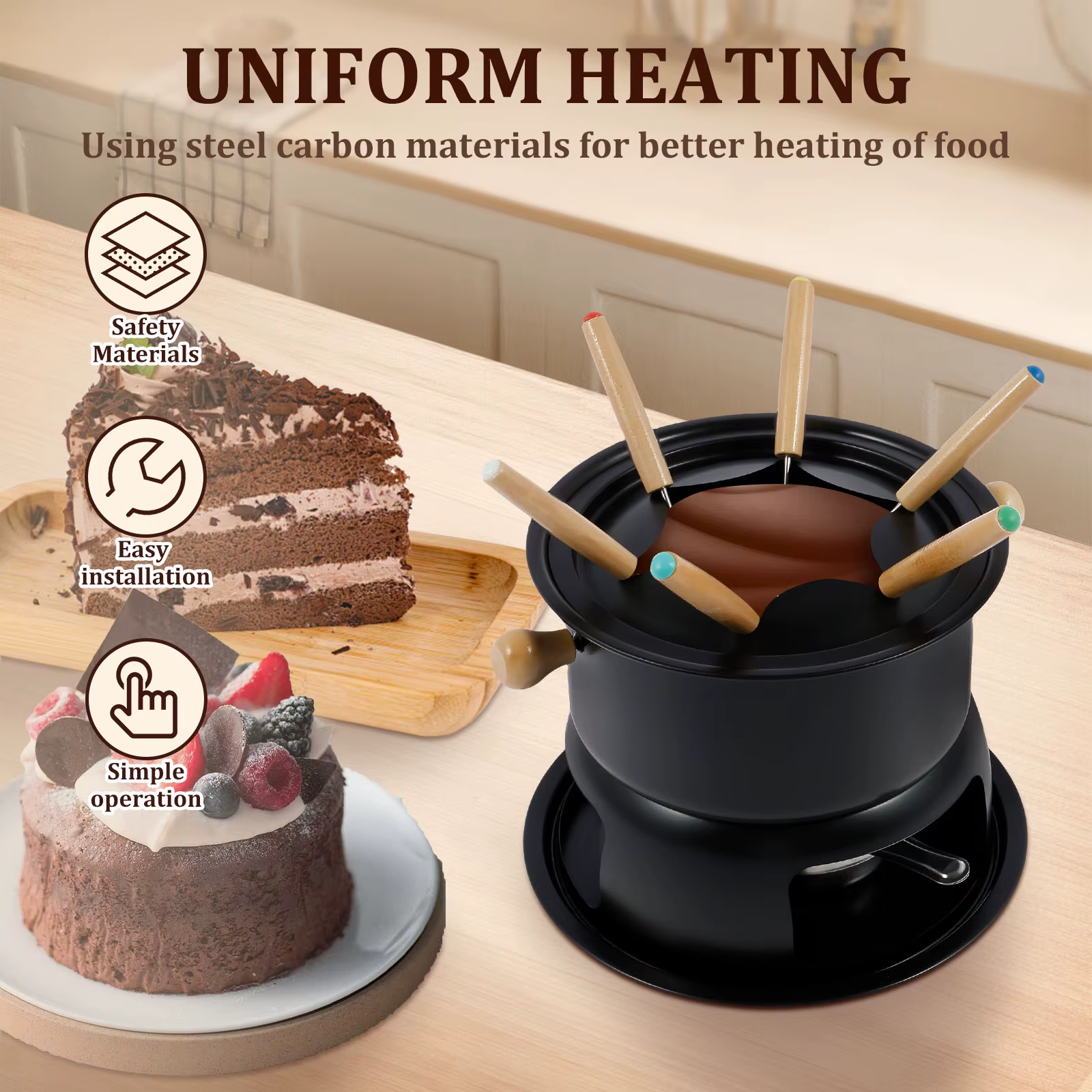 Kit de fondue polyvalent pour fondue au fromage et chocolats, ensemble de casseroles à fondue en acier inoxydable, appareil à fondue chauffant uniforme avec 6 fourchettes