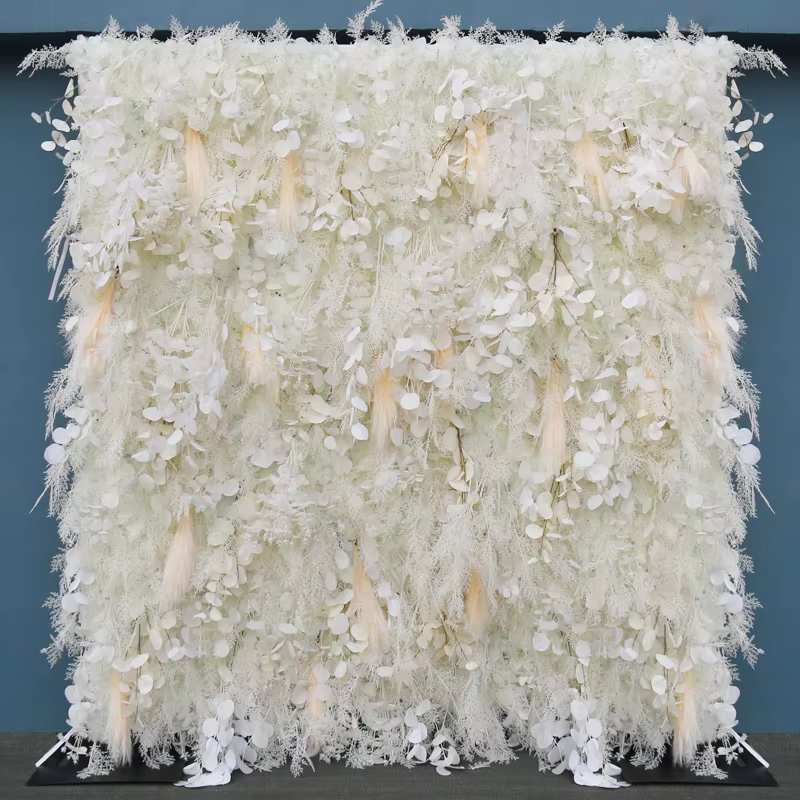 Mur de fleurs artificielles en tissu blanc enroulable