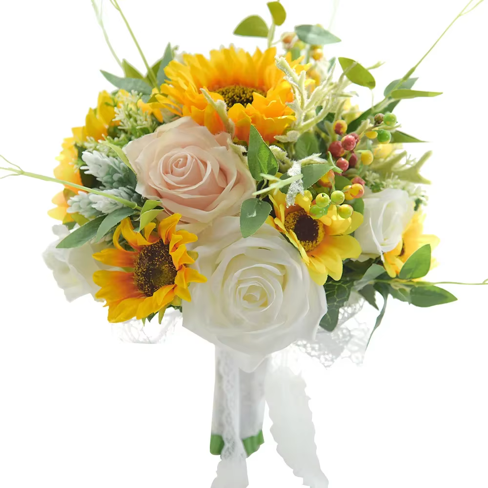 Bouquet de Tournesol Artificiel, Rose, Patients, Décoration de Mariage