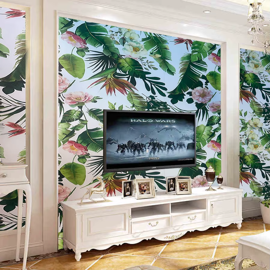 Papier peint auto-adhésif avec plantes vertes et fleurs