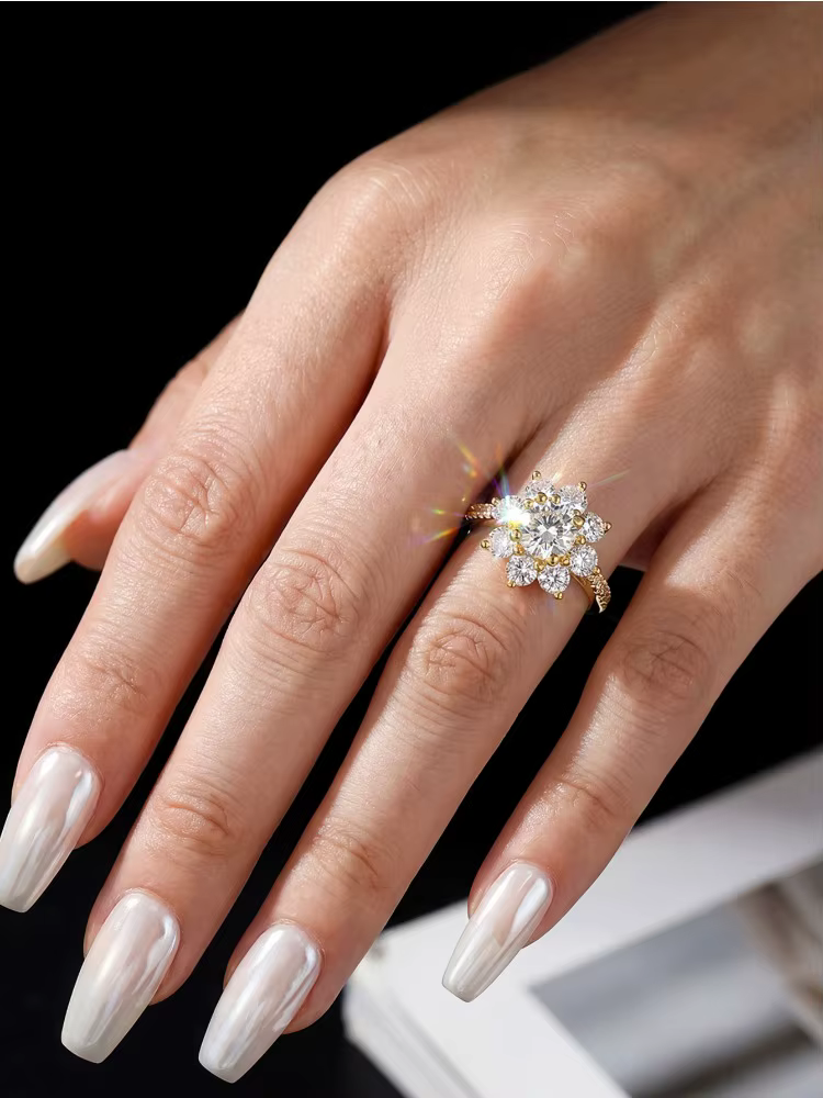 Bague tournesol en diamant Moissanite rond 1CT, adaptée aux femmes, en argent Sterling 925 véritable, bijoux fins de haute qualité