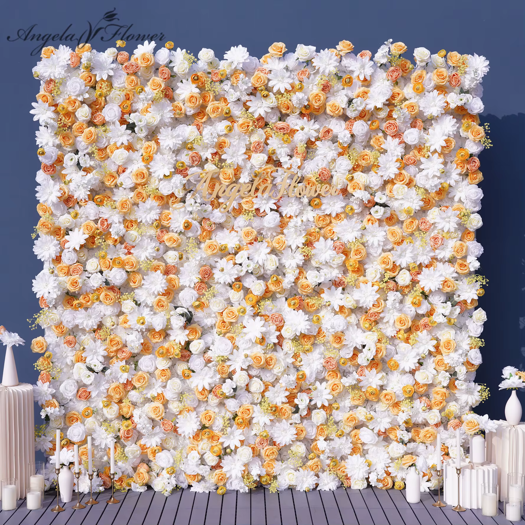 Rideau mural de fleurs artificielles Angela Flower A9077 Jaune Blanc 5D