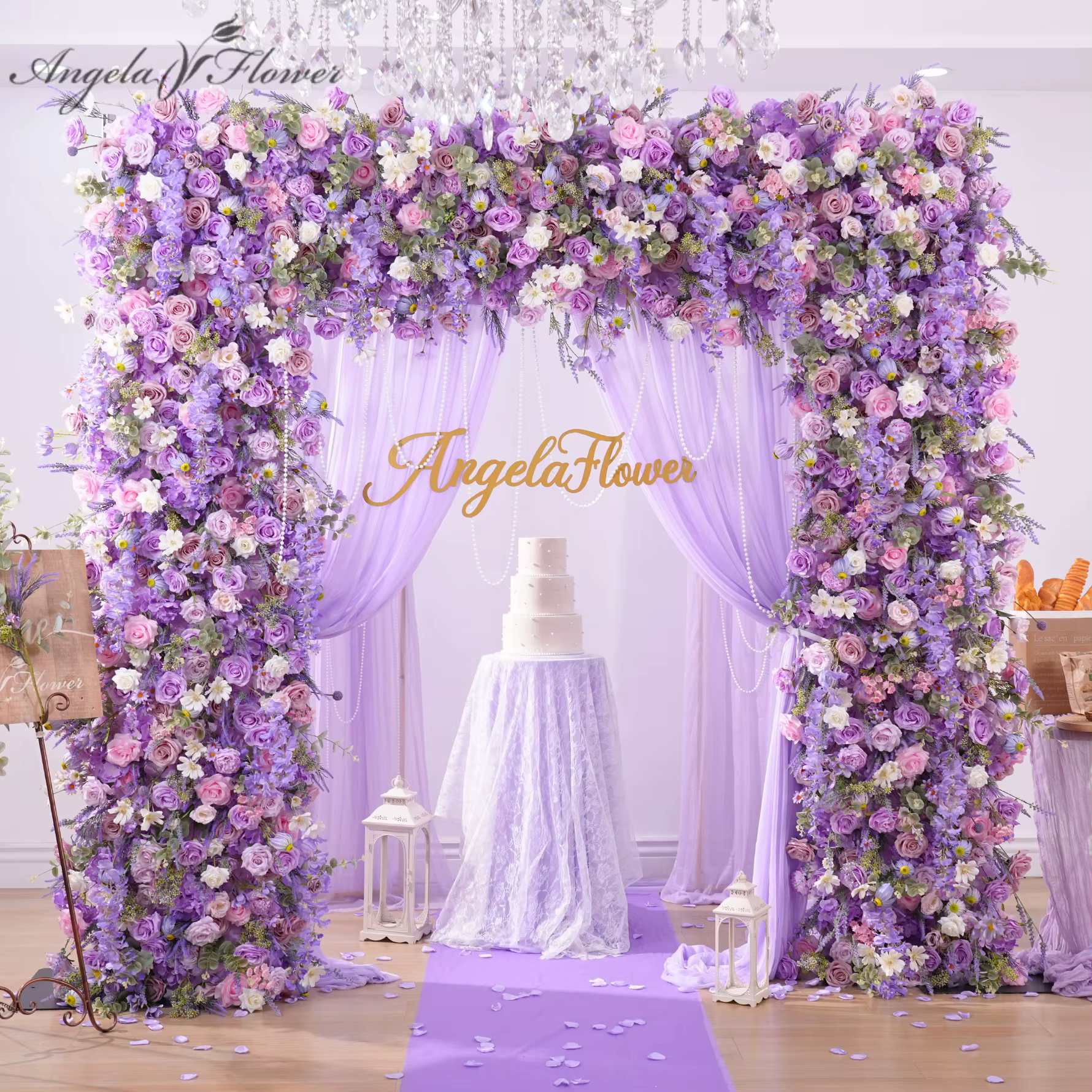 A8950 rêveur violet lavande Rose Delphinium tissu Base fleur rangée mariage toile de fond décor carré arc cadre Arrangement Floral