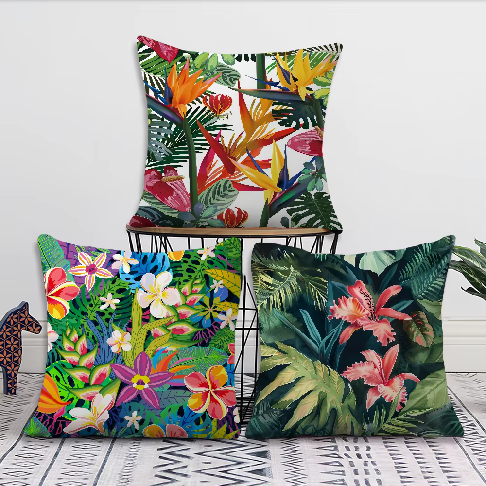 Housse de coussin confortable et douce à motifs floraux tropicaux pour canapé