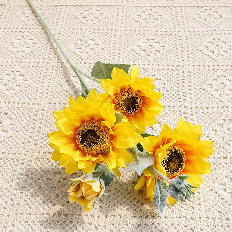 Fausses plantes artificielles de tournesol floquées à 5 têtes
