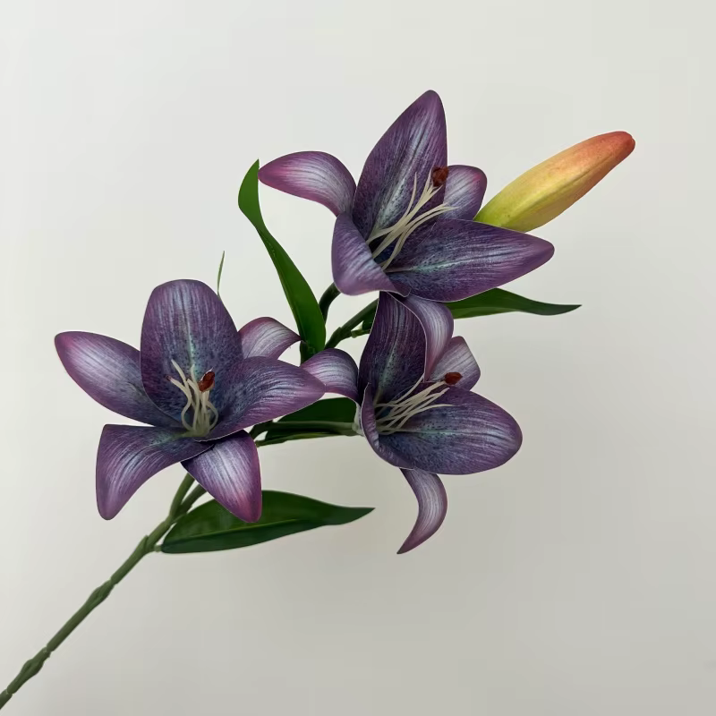 5PCS Branche de Fleur de Lys Artificielle Réaliste Imprimée en 3D Plante de Lys à 3 Têtes pour Décoration Florale de Mariage