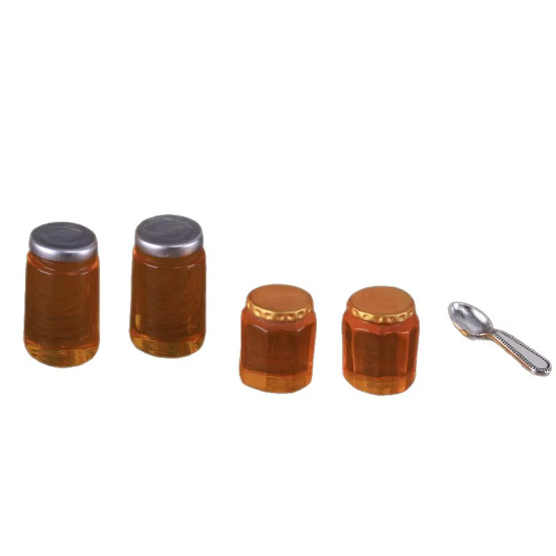 Lot de 5 mini pots de miel en résine, modèle miniature pour maison de poupée, aliments simulés, pendentif DIY, fausse nourriture, accessoires de jeu et de décoration pour poupées