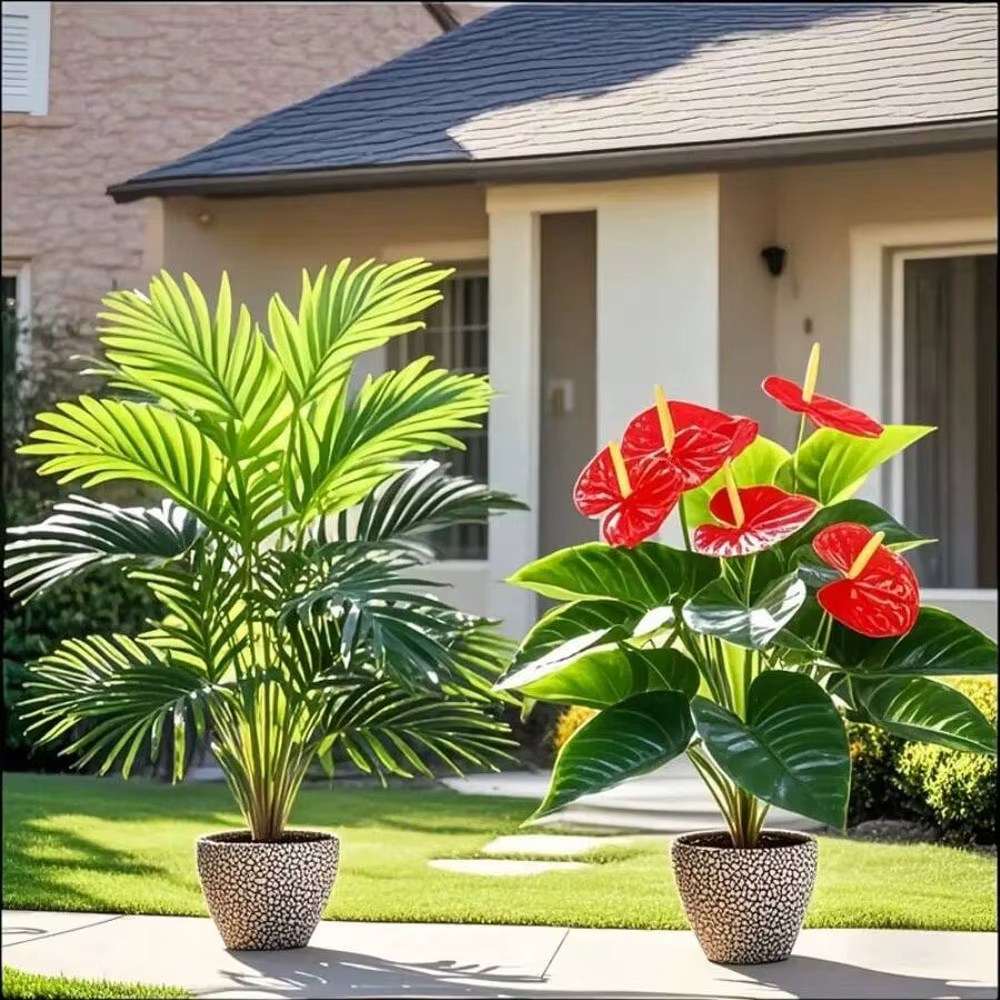 Grands plantes de palmier artificielles et feuilles de Cycads vertes Anthurium