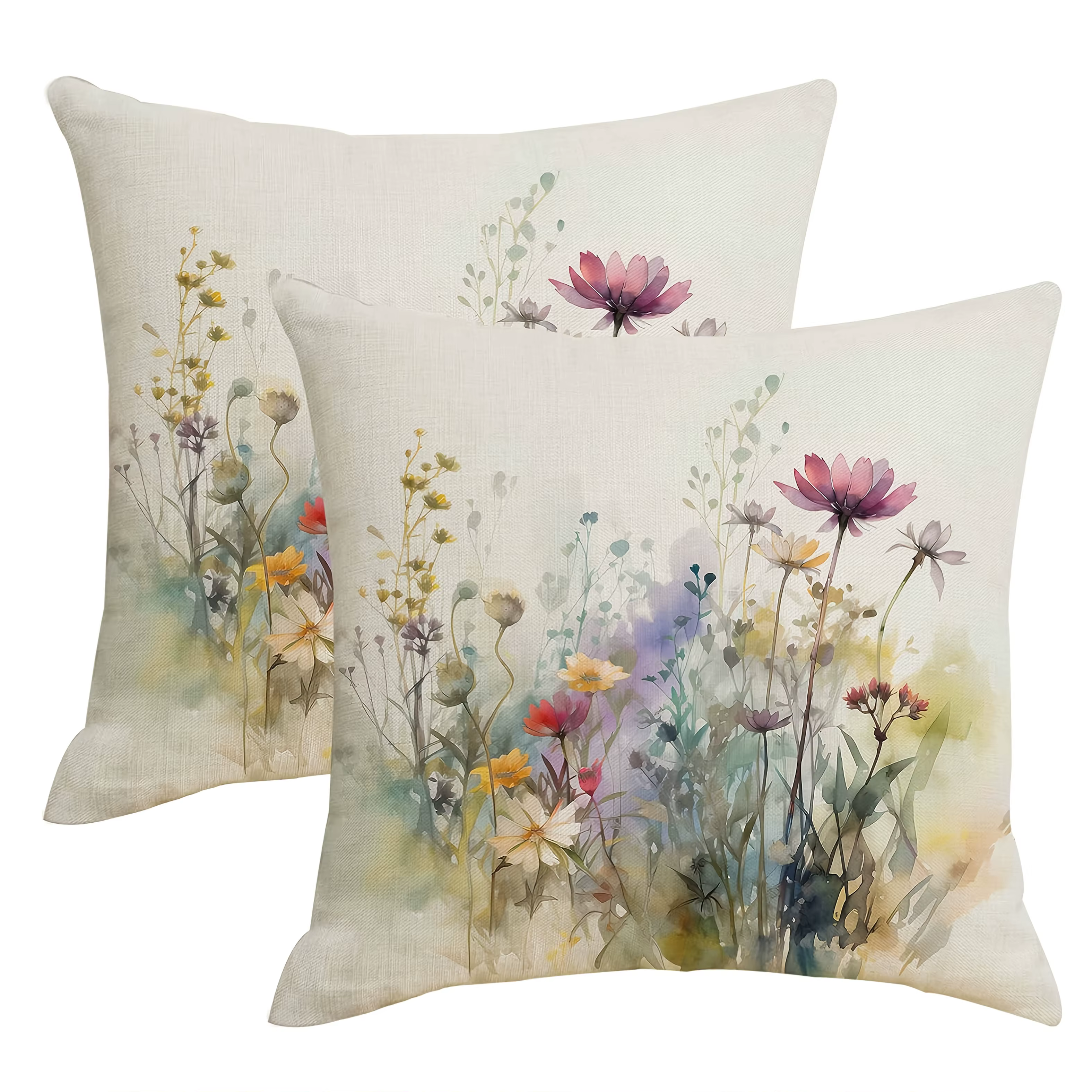 Housse de coussin en lin à fleurs sauvages aquarelle – Décoration d'intérieur élégante