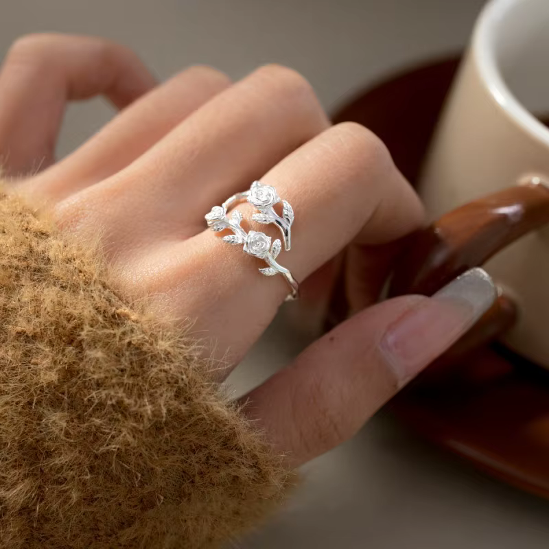 Bague Fleur Élégante en Argent Sterling 925 Buyee, Bague Ouverte Rose pour Femme et Homme, Bijoux Fins Tendance pour Couples, Cadeau Idéal