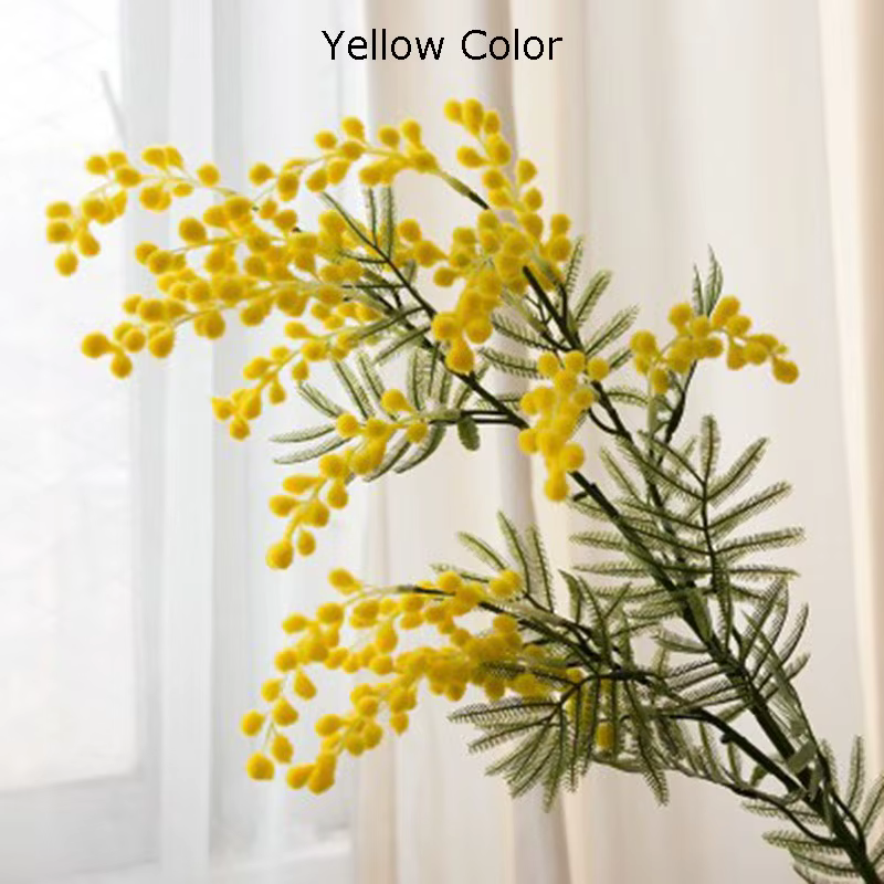 86cm 3 fourchettes Acacia artificielle jaune Mimosa peluche Pudica Spray cerise fausse fleur de soie décor de fête de mariage plante de haricot rouge
