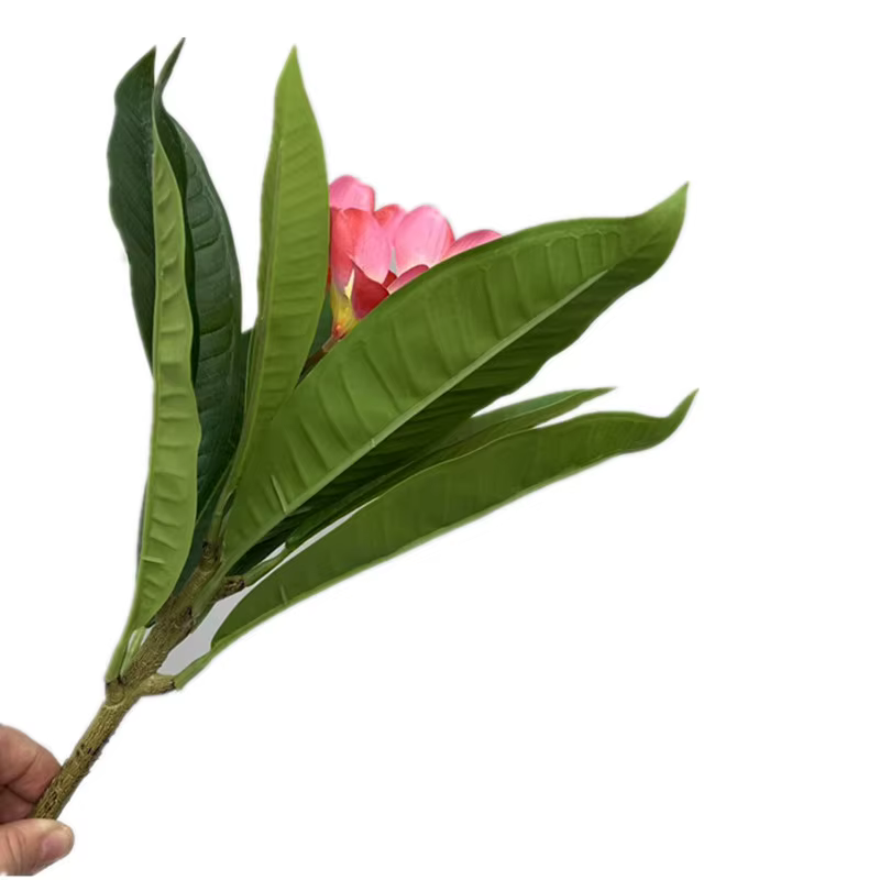 One Plumeria Rubra artificielle avec feuilles vertes au toucher réel