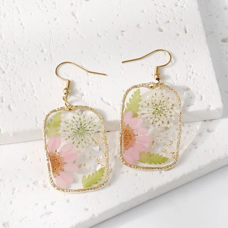 Boucles d'oreilles géométriques en résine époxy avec fleurs séchées, faites à la main, bijoux naturels personnalisés en gros