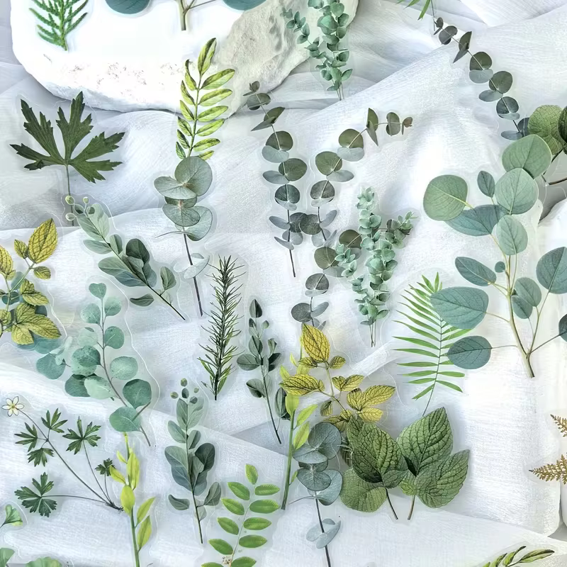 1 paquet de 40 autocollants décoratifs en PET en forme de feuilles de plantes vertes pour scrapbooking