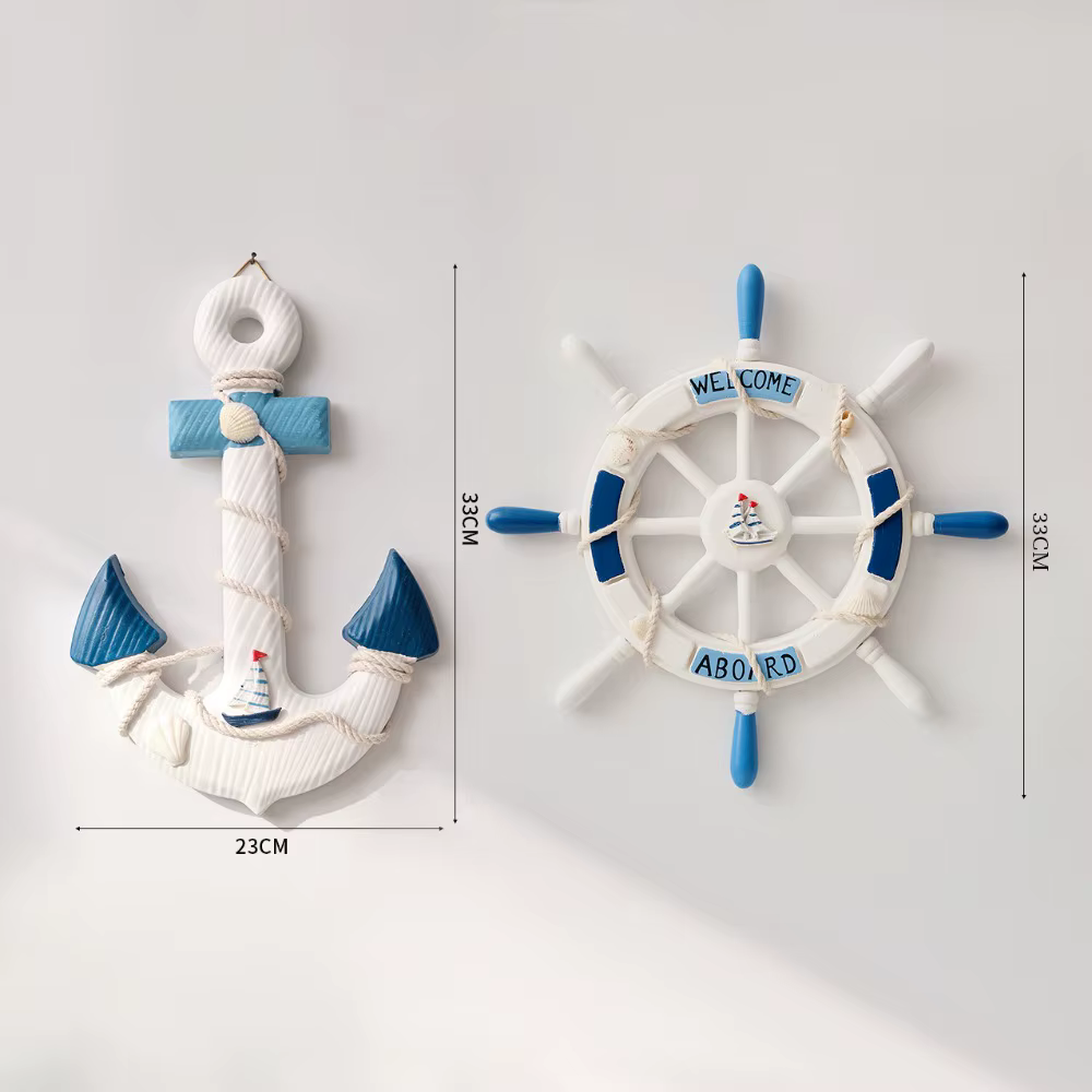 Lot de 2 gouvernails et ancre de bateau en bois nautique avec corde