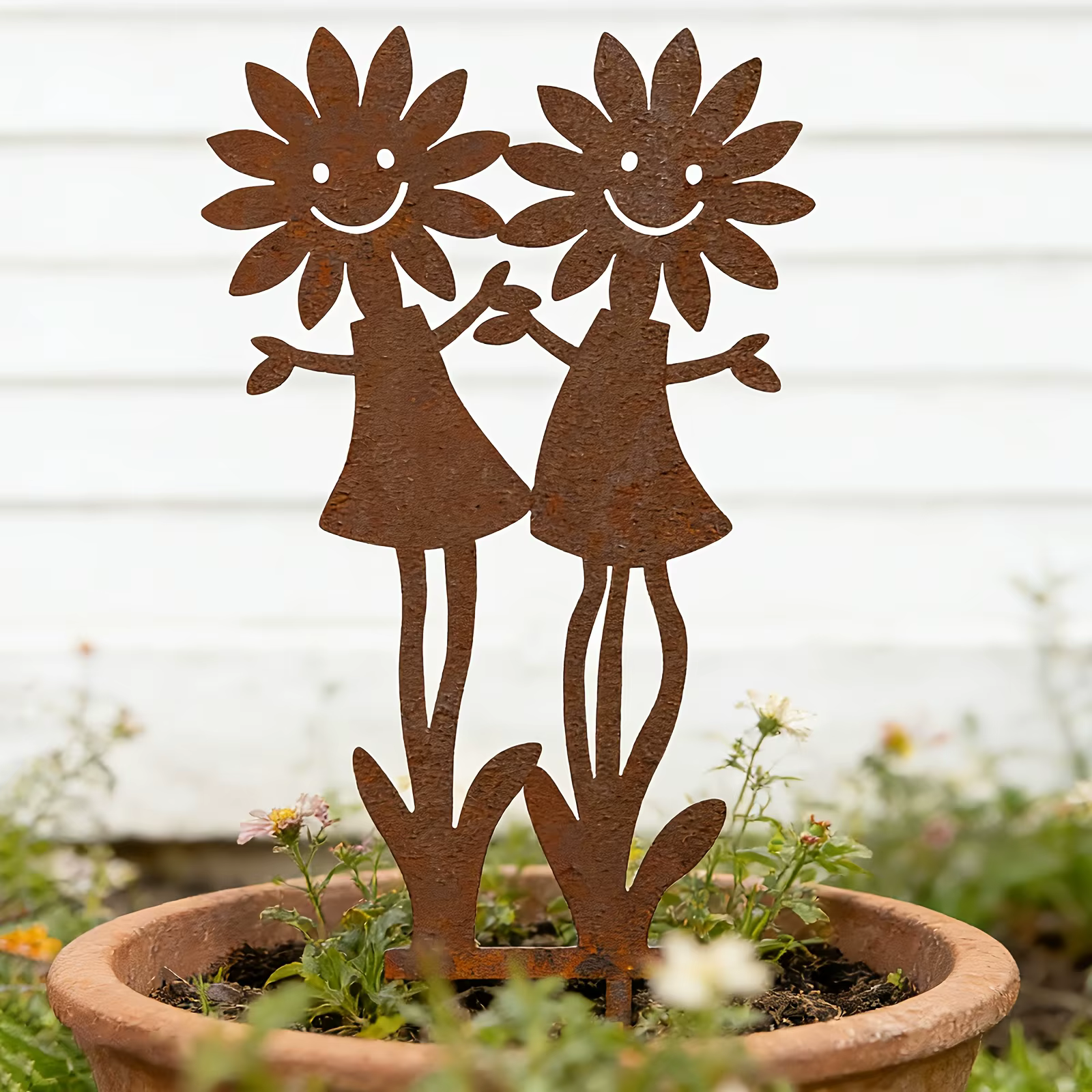 Support double pour fleurs en forme de tournesol vintage rouillé avec visage souriant - Statue décorative amusante pour