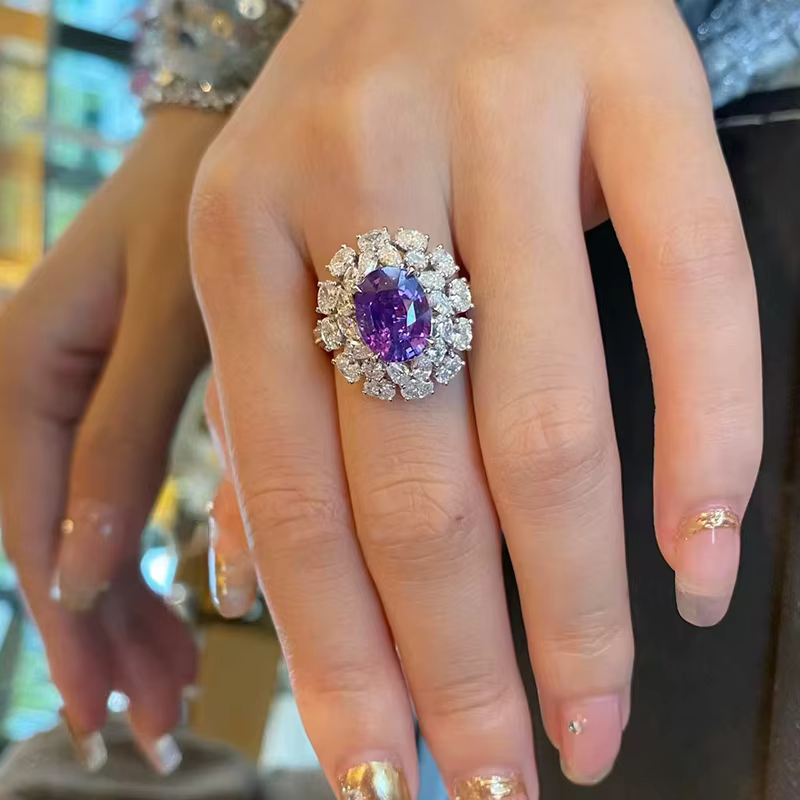 Bagues en diamant et améthyste pour femmes, Design romantique, fleur scintillante, mode florale, violet, bijoux de mariage réglables