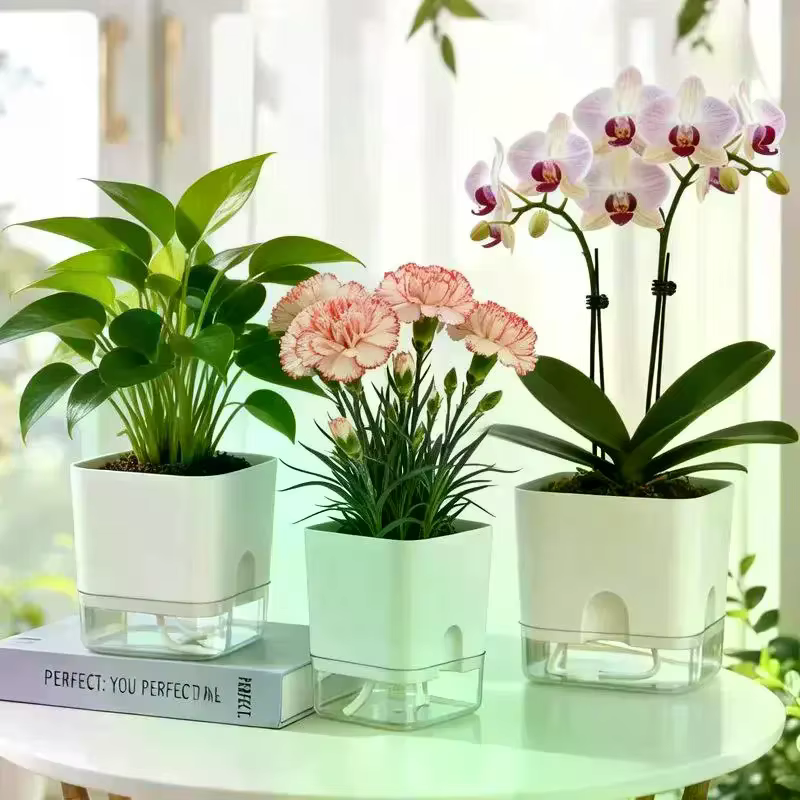 Pot de fleurs auto-arrosant blanc carré à double couche pour plantes d'intérieur et d'extérieur, balcon, jardin, décoration