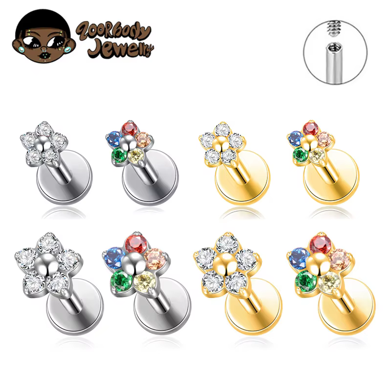 G23 titane coloré fleur lèvre Piercing femmes 16G 18G flocon de neige coeur CZ Tragus Cartilage Helix Conch Daith boucles d'oreilles Piercing