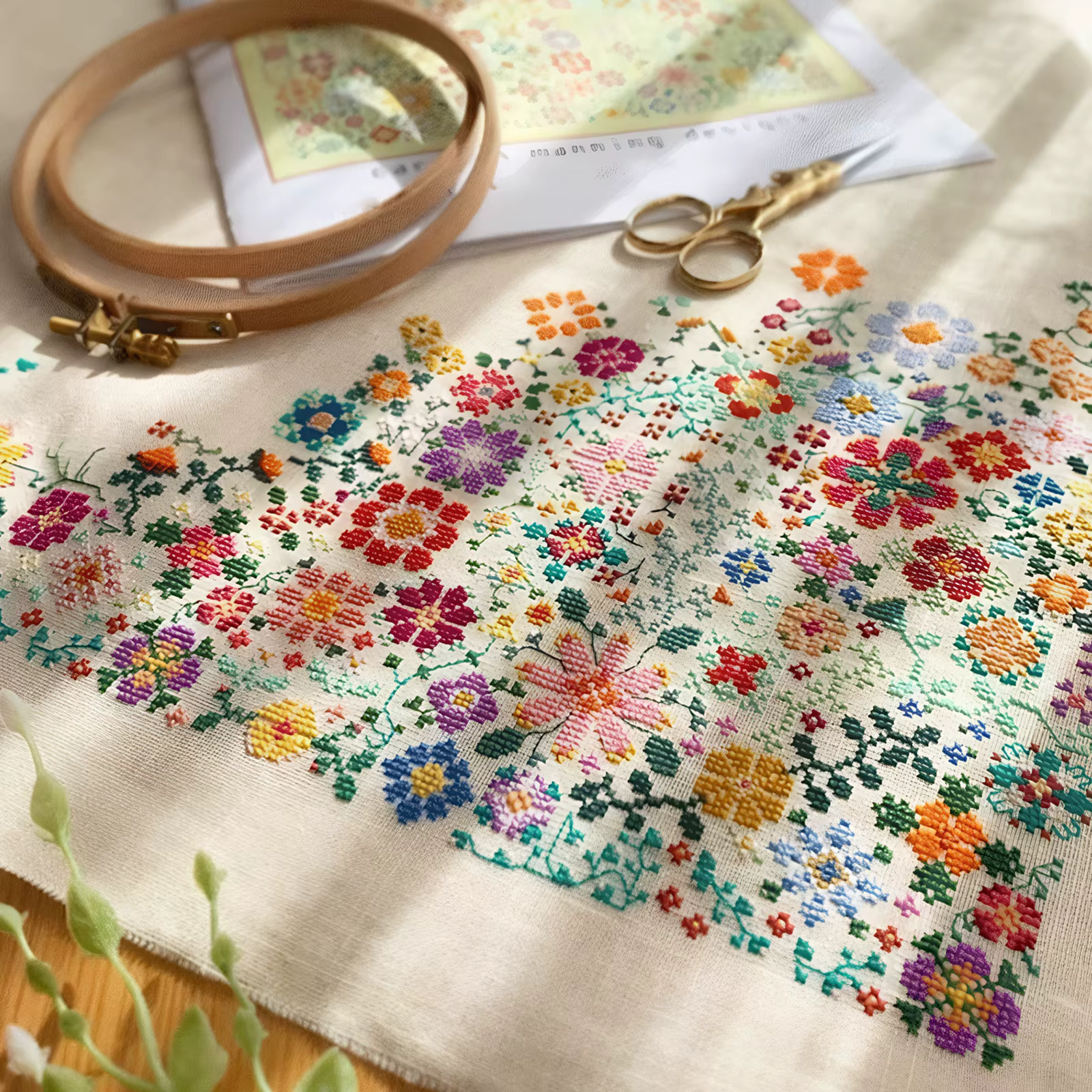 Kit de broderie « Une fleur par jour » avec motifs brodés pré-imprimés