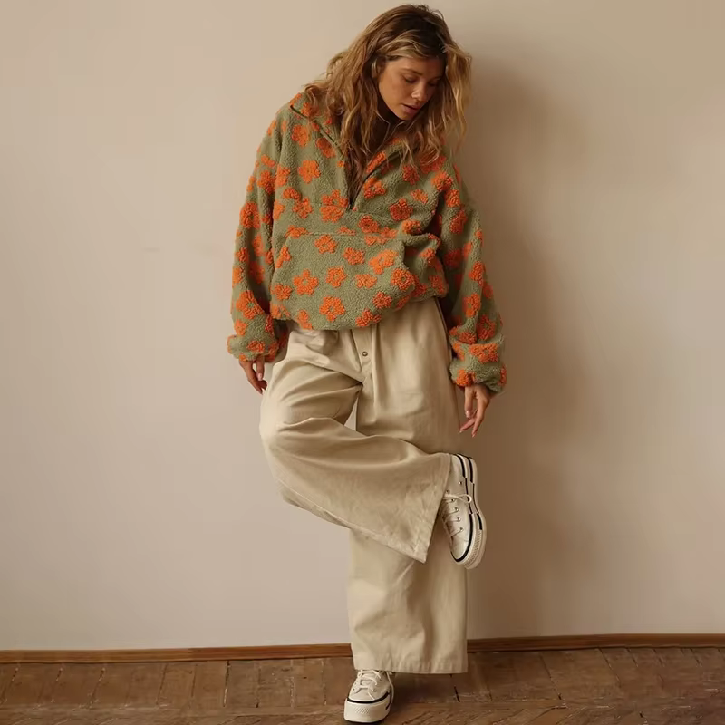 Sweat-shirt à fleurs en polaire pour femmes, nouvelle mode automne-hiver 2021, sweat à capuche chaud en fourrure, haut avec fermeture éclair, vêtements d'extérieur décontractés