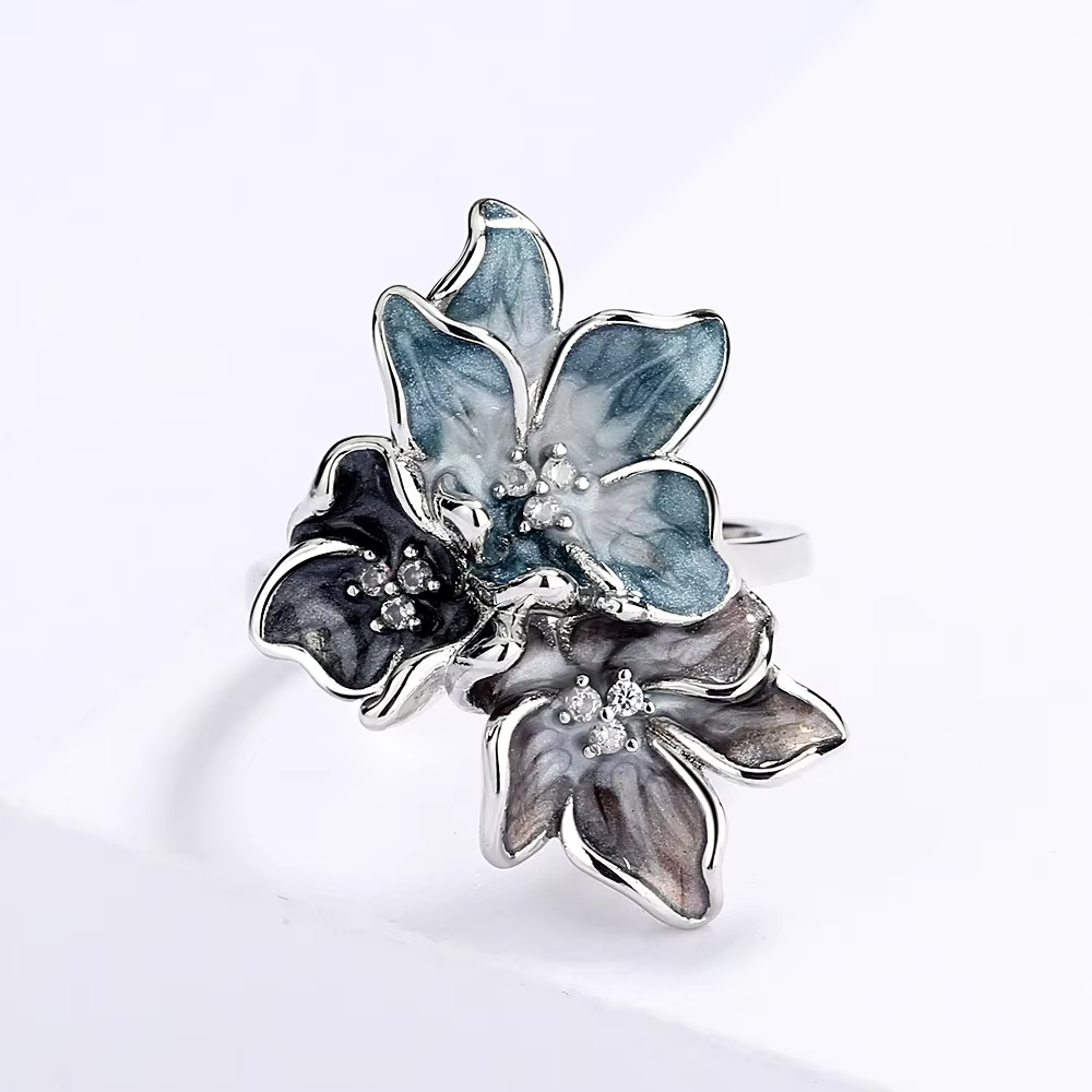 Bague en argent 925 pour femmes, anneau à fleurs Simple, couleur claire, bijoux époxy, émail fait à la main, bague de mariage pour femmes