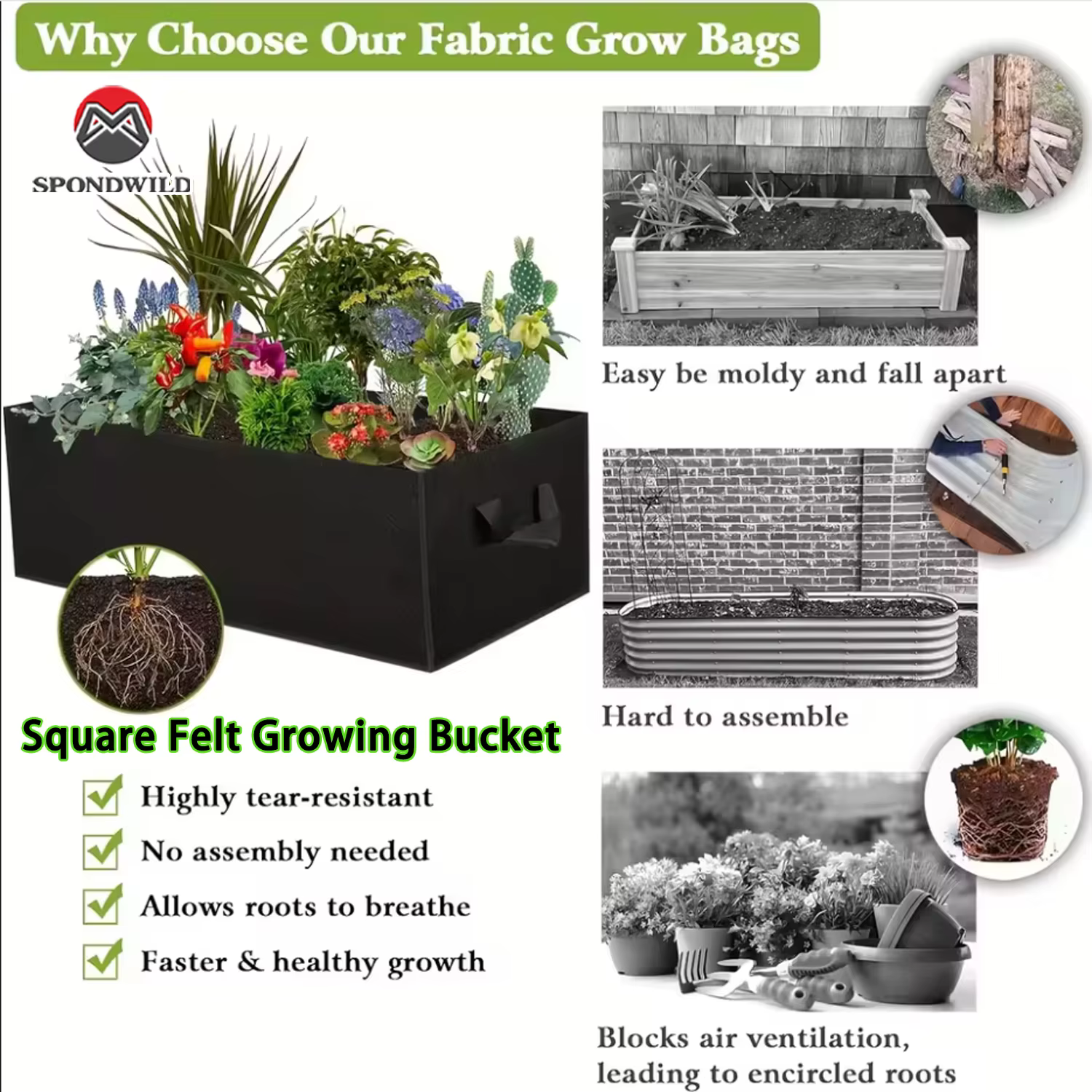 Sac de plantation carré respirant, seau de culture Non tissé avec conception de contrôle des racines, peu encombrant et pliable pour un jardinage polyvalent