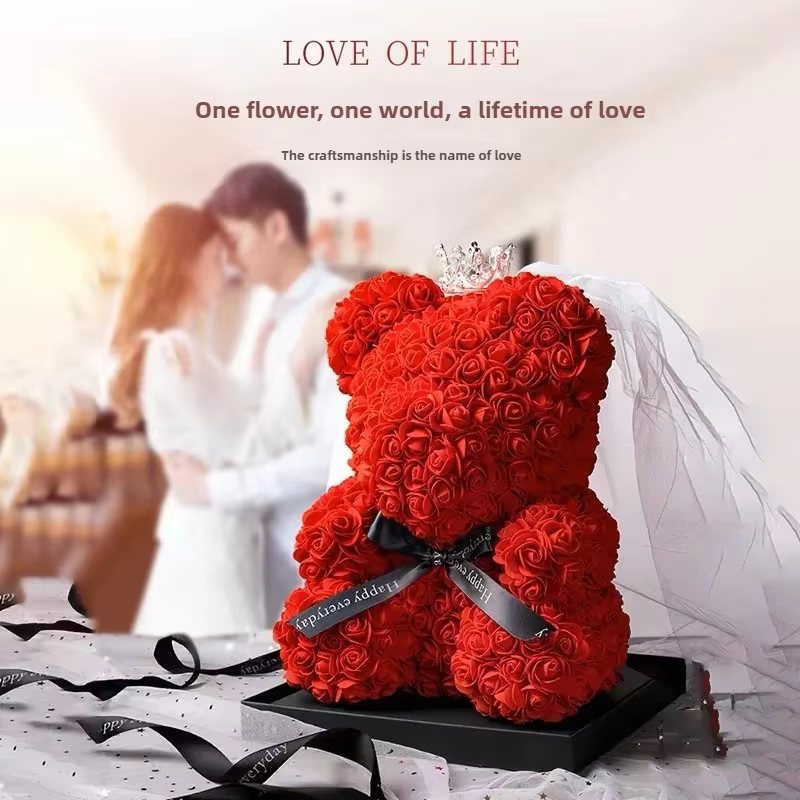 Ourson en Roses Artificielles avec Fleurs