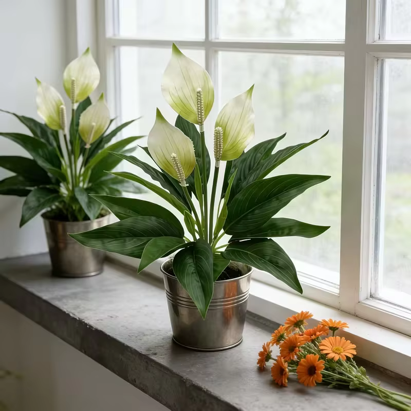 Fleur artificielle de calla printanière - Plante décorative à feuilles vertes et palmiers blancs pour la décoration