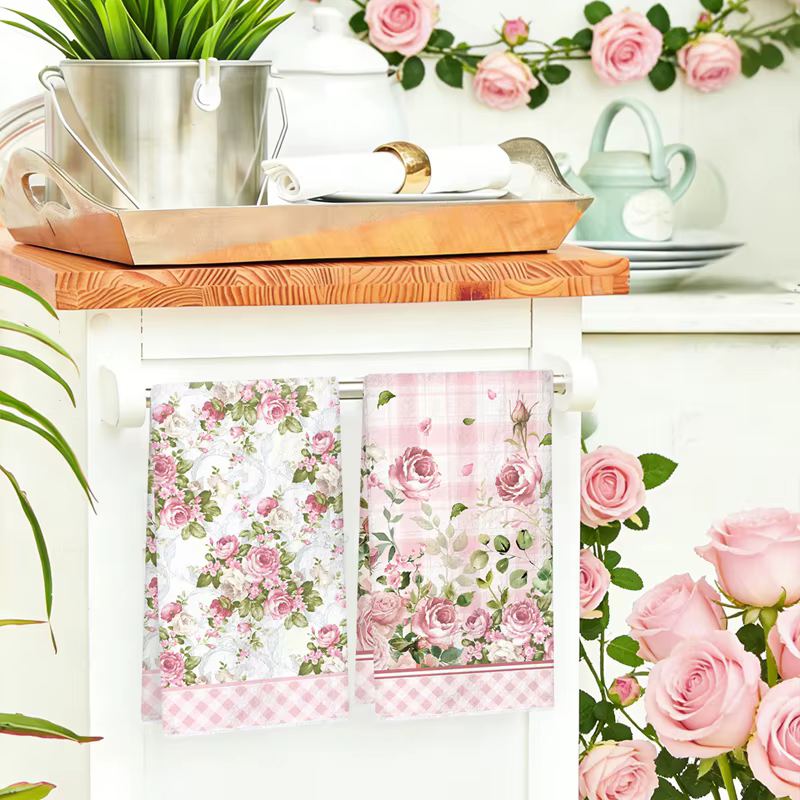 Lot de 2 torchons de cuisine roses à motifs floraux printaniers