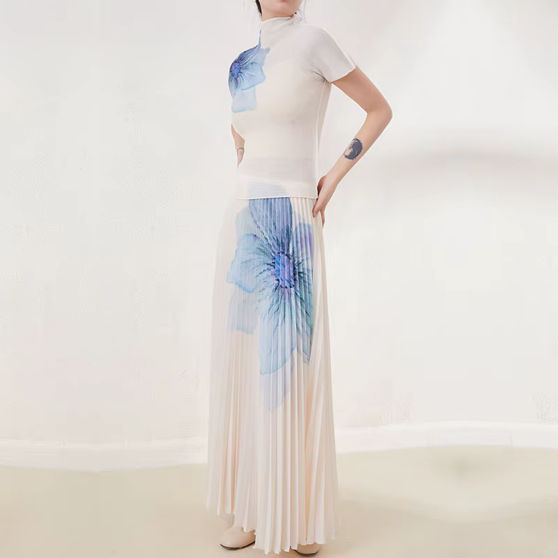 Haut élégant à imprimé floral pour femmes haut de gamme, nouveau style printemps/été, ensemble jupe deux pièces sophistiqué.