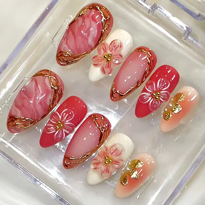 30 pièces fleurs rouges imprimé presse sur ongles français amande rose Blush faux ongles conseils portable réutilisable INS mode faux ongles