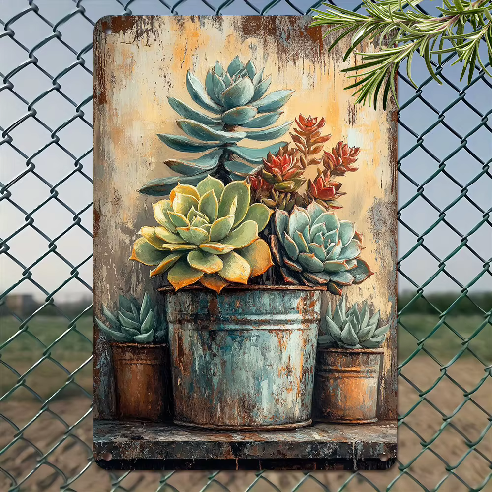Décoration murale en métal avec motif de plantes succulentes vintage – Plaque botanique rustique en étain pour le bureau